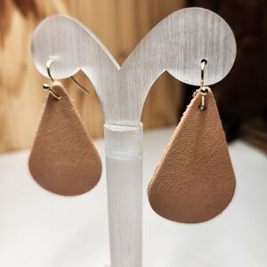 Elegant Tan Leather Teardrop Earrings Handmade 1 3/4 " X 1"